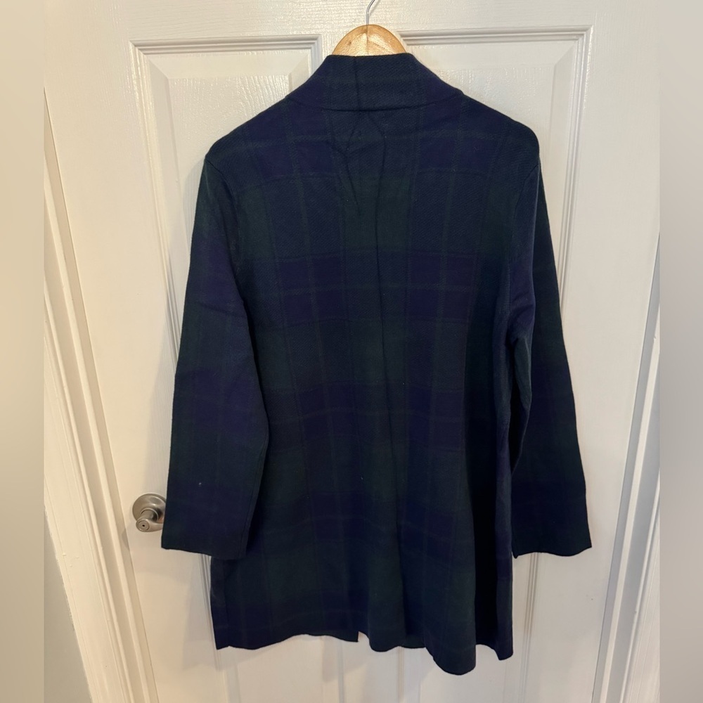 Anne Klein Navy and Dark Green Plaid Coatigan with Gold Buttons - Picture 3 of 5